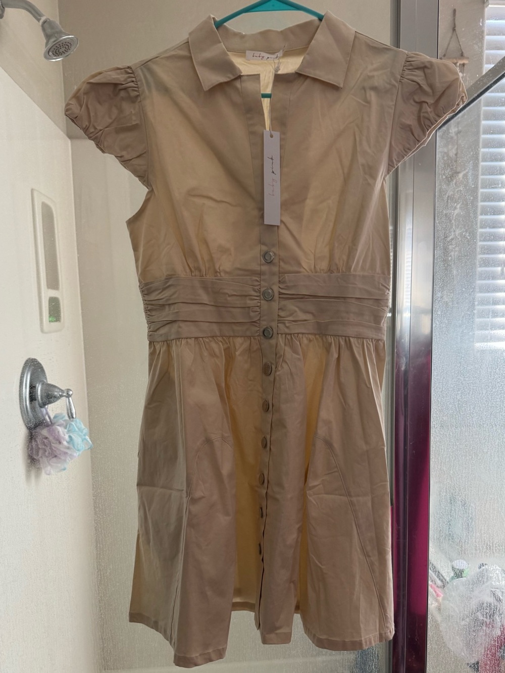 Light Tan Button-Front Short Sleeve Dress by Baby Pink M